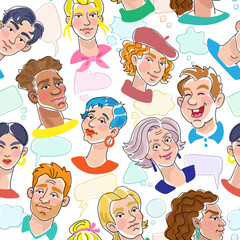 Poster - Seamless bright pattern with people's faces. Different ages, emotions and nationalities. On a transparent background. Line style with colored spots. Vector illustration