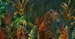 wild cat in tropical leaves on a dark textural background photo wallpaper in the interior