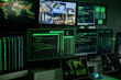 © Xavier Lorenzo - Computer monitor space with live camera views and multiple data located on dark room of hacker base