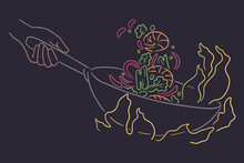 Vector sketch of Bowl-shaped frying pan over high heat. The process of cooking on fire with a taste of smoke. Wok dish with stir-fry vegetables and shrimps.