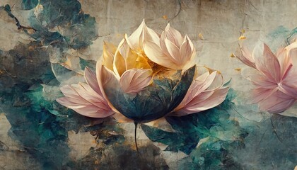 illustration of pink and white lotuses. dried plant, luxury color combination, turquoise, herbarium,