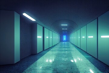 Poster - Data center in futuristic style. Minimalistic hall design, interior, blue and turquoise colors, white lamps on the ceiling, neon blue light in the distance, data storage, server. 3D rendering