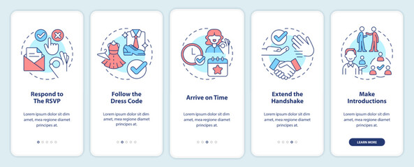 Wall Mural - Common business event etiquette rules onboarding mobile app screen. Walkthrough 5 steps editable graphic instructions with linear concepts. UI, UX, GUI template. Myriad Pro-Bold, Regular fonts used