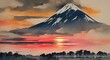 Raster illustration of a mountain with a snow capped peak on the sunset. Cloudy sky, setting sun, watercolor painting, style, pastel colors. Asian culture. Art concept. 3D artwork raster background