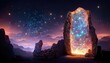Raster illustration of magical portal to a parallel universe on the background of the starry sky. Mountains, rocks, stones, neon blue lights, teleportation, magic, night. 3D rendering illustration
