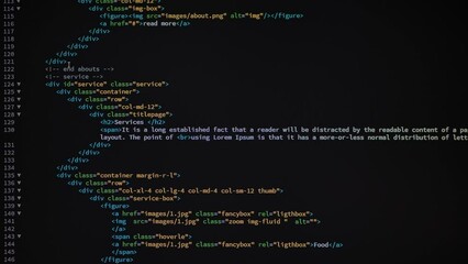 Wall Mural - 4k close up shot html tag code on pc monitor scroll down. background concept for programming and cod