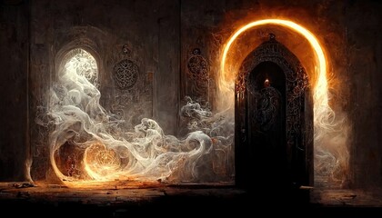 Wall Mural - Raster illustration of antique doors decorated with carvings. Gray smoke all over the room, golden light from the window, orange halo over the door, magic portal, altar, castle. 3D artwork background