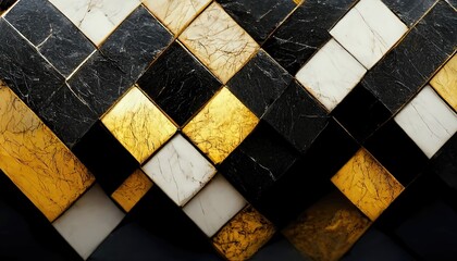 Poster - Raster illustration of black, yellow and white ceramic tiles with marble patterns. Floor, walls, scenery, interior, abstract patterns, luxury background. 3D artwork raster background for business