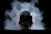 Halloween Human Skull On An Old Wooden Table Over Black Background. Shape Of Skull Bone For Death Head On Halloween Festival Which Show Horror Evil Tooth Fear And Scary With Fog Smoke, Copy Space