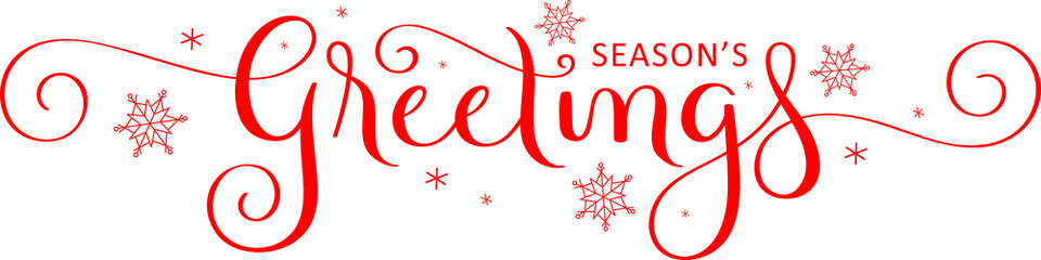 Wall Mural - SEASON'S GREETINGS red brush calligraphy banner on transparent background with snowflakes