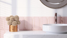 Realistic 3D Render Close Up Elegant Bathroom Vanity Countertop With White Ceramic Wash Basin And Faucet, Pom Pom Flowers. Morning Sunlight, Blank Space For Beauty Product Display, Pink Wall Tiles.
