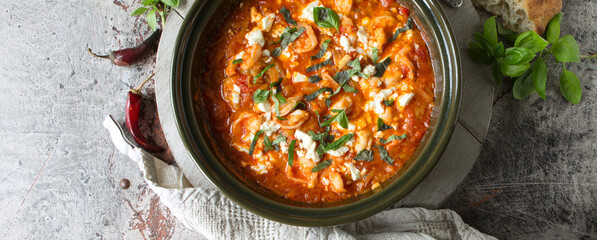 Wall Mural - dish with greek shrimps with tomato sauce and feta cheese on the table