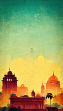 Design For Tourist Poster Or Flyer, Vintage Style, About Indian Architecture And Traditional Habitat In India