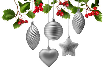 Wall Mural - silver decoration balls with hawthorn berries and leaves isolated