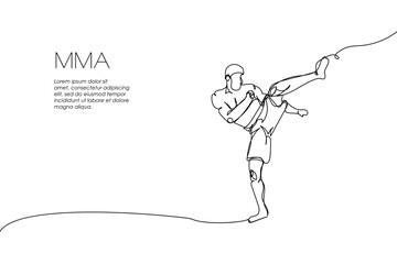 Wall Mural - Web banner with kickboxer, mixed martial arts fighter one line art. Continuous line drawing of promotion poster boxing, fight gloves, battle, MMA, kickboxing, taekwondo, fights without rules, sport.