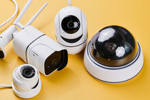 Surveillance Cameras, Set Of Different Videcam, Cctv Cameras Isolated On Yellow Background Close Up. Home Security System Concept