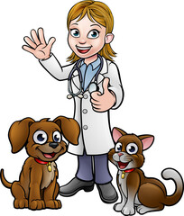 Wall Mural - Vet with Pet Cat and Dog Cartoon Characters