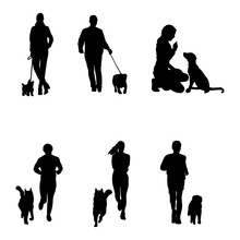 Silhouette Of People With Dog Set Vector.