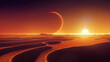Alien planet landscape, dusk or dawn desert surface with mountains, rocks and sun shining on red and orange starry sky. Space extraterrestrial computer game background
