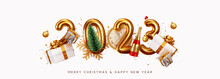 Happy New Year 2023. Golden Metal Number. Realistic 3d Render Sign. Festive Realistic Decoration. Celebrate Party 2023, Web Poster, Banner, Cover Card, Brochure, Flyer, Layout Design. White Background