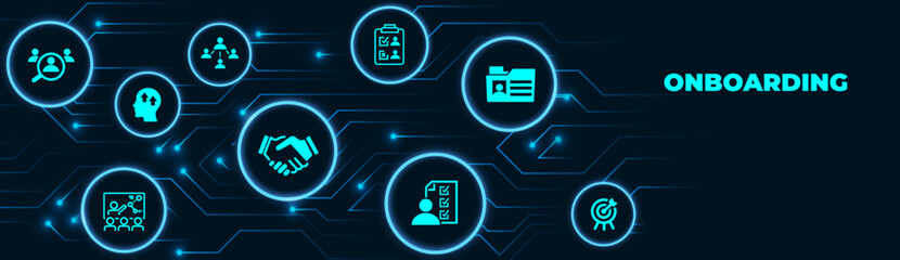 Wall Mural - Onboarding vector illustration. Concept with connected icons related to welcoming new hire, welcome culture in the company, employee satisfaction, talent retention, workforce training.