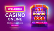 Casino slots machine winner, jackpot fortune bonus 1000, 777 win banner. Vector