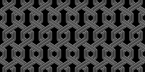 Wall Mural - Seamless black and silver luxury geometric woven hexagon chain link background texture. Modern elegant dark abstract backdrop with shiny metallic chrome honeycomb stripe pattern motif. 3D rendering.