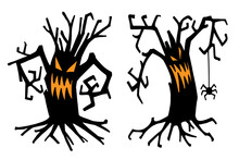 A Creepy Tree For The Halloween Holiday. A Set Of Cartoon Silhouettes Of A Tree For Halloween, Black Elements Isolated On A White Background. Black Creepy Twisted Trees. Happy Halloween Concept.