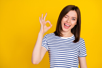 Wall Mural - photo portrait of cheerful young lady show okey sign winking quality approval wear stylish striped l