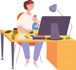 Woman working on computer with baby. Freelancing mother