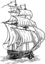 An Original Illustration Of An Old Fashioned Sailing Ship Or Boat In A Vintage Etching Woodcut Style.