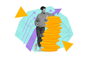 Wall Mural - Creative abstract template collage of satisfied happy man lean big column pillar golden coins successful rich arrows increase point up