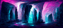 Futuristic Sci-fi Cave With Cyan And Violet Crystals Lights, 3D Illustration