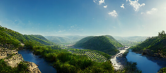 3D rendering. Beautiful view of a mountain with valley, blue sky and clean water illustration