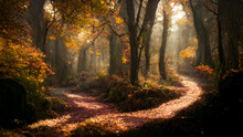 3D Rendering. An Autumn Forest With Big Trees And Sunrays Background. 3D Illustration