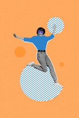 Poster - Composite collage image of funky active cool woman painting outfit jumping dancing have fun party retro vintage disco sunglass weekend