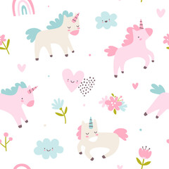 Wall Mural - Cute pattern with unicorns for baby girls. Girly vector seamless print for textile and nursery.