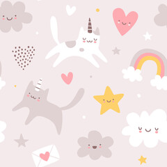 Wall Mural - Cute scandinavian baby pattern with unicorn cats. Seamless vector print for girls fabric.