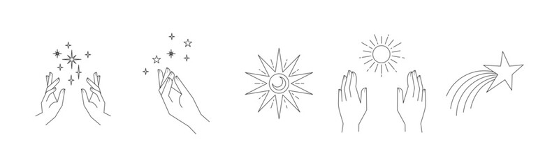 Wall Mural - aesthetic hands and cosmic and celestial elements. universal cosmos related icons. linear vector ill