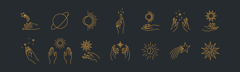 Wall Mural - aesthetic hands and cosmic and celestial elements. universal cosmos related icons. linear vector ill