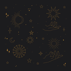 Wall Mural - mystical and celestial elements with stars, planets, moons and hands. palm and zodiac elements. occu