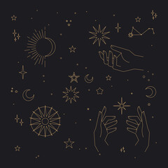 Wall Mural - mystical and celestial elements with stars, planets, moons and hands. palm and zodiac elements. occu