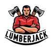 Lumberjack with axes emblem, logo or mascot. Woodwork, wood industry label. Color design vector illustration