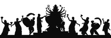 Indian Man And Women Wearing Traditional Cloth Celebrating Durga Puja Silhouette By Dancing Dhunuchi And Drumming