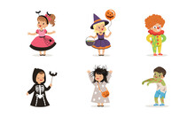 Cute Kids Dressed In Halloween Costume And Outfit Engaged In Spooky Holiday Masquerade Vector Set