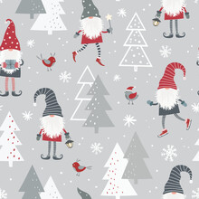 Christmas Seamless Pattern With Scandinavian Gnome, Christmas Tree And Snowflakes. Can Be Used For Fabric, Wrapping Paper, Scrapbooking, Textile, Poster Etc.