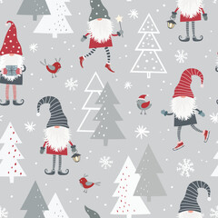 Wall Mural - Christmas seamless pattern with scandinavian gnome, christmas tree and snowflakes. Can be used for fabric, wrapping paper, scrapbooking, textile, poster etc.
