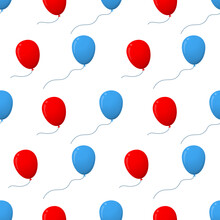 Flat Vector Blue And Red Birthday Air Helium Balloons Seamless Pattern In Cartoon Style Isolated On A White Background