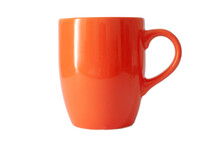 Shiny Ceramic Orange Color Mug Or Cup For Tea, Coffee, Hot Beverage Or Water. Isolated Background, Selective Focus.	