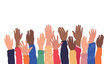 © Nadiia - Allyship. Raised arms of a group.Volunteers. Racial equality. Teamwork and cooperation community concept. Trust. Anti-racism. Banner.Vector illustration in cute cartoon flat style